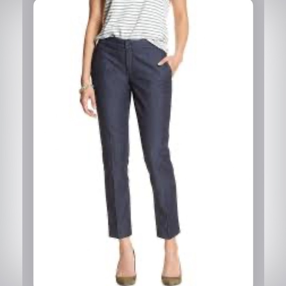 Ann Taylor Dark Blue Chambray Denim Cropped Trousers Flat Front Preppy Classic - Picture 10 of 12